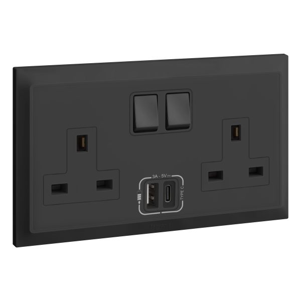 Legrand Bel S Range Switch socket 13a multistandard 2 Gangang + usb A+C Anthracite